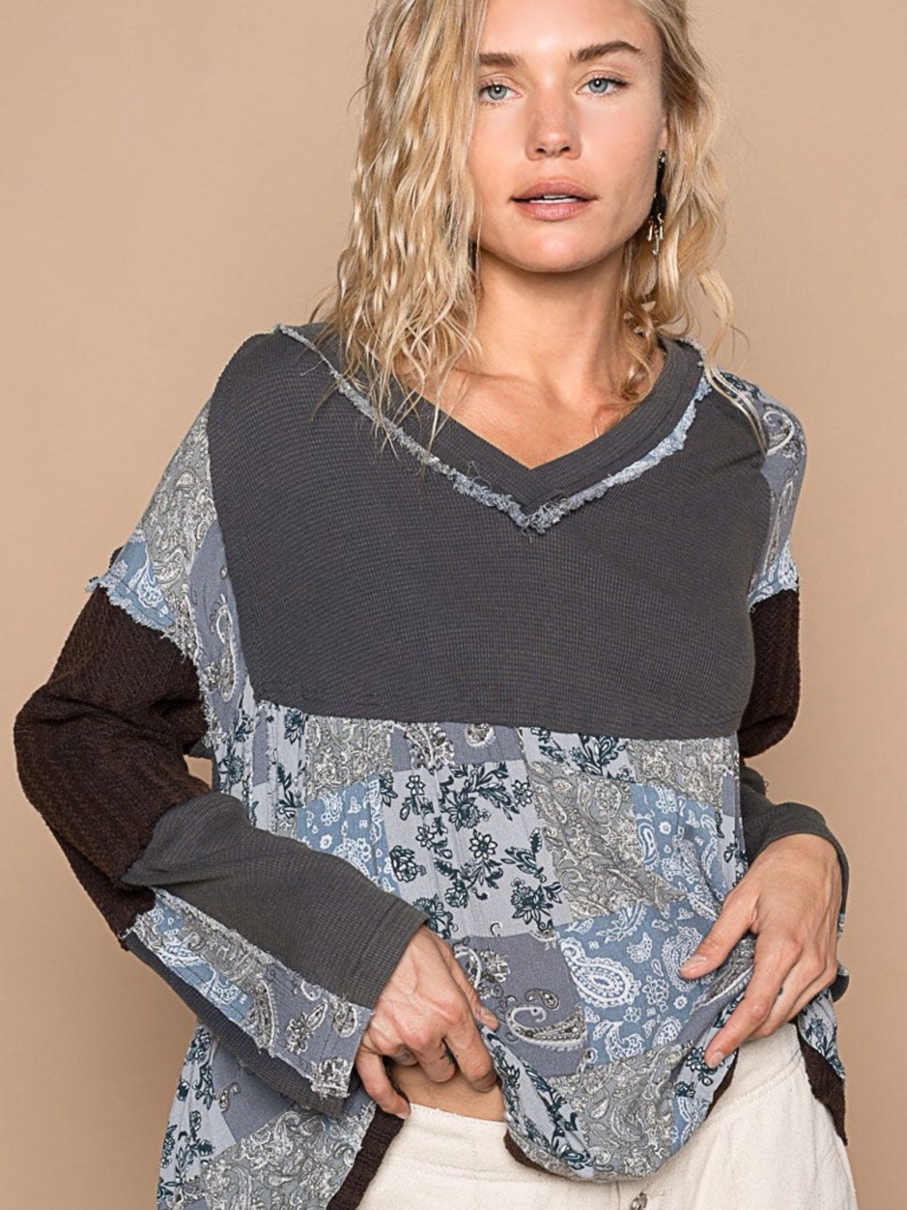 POL Mixed Grey, Blue & Brown Long Sleeve Patchwork Top